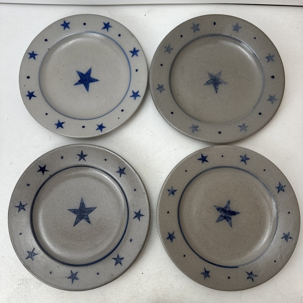 4 Vintage Rowe Pottery Plate Star Pattern Salt Glaze Stoneware 8.5" Gray Blue
